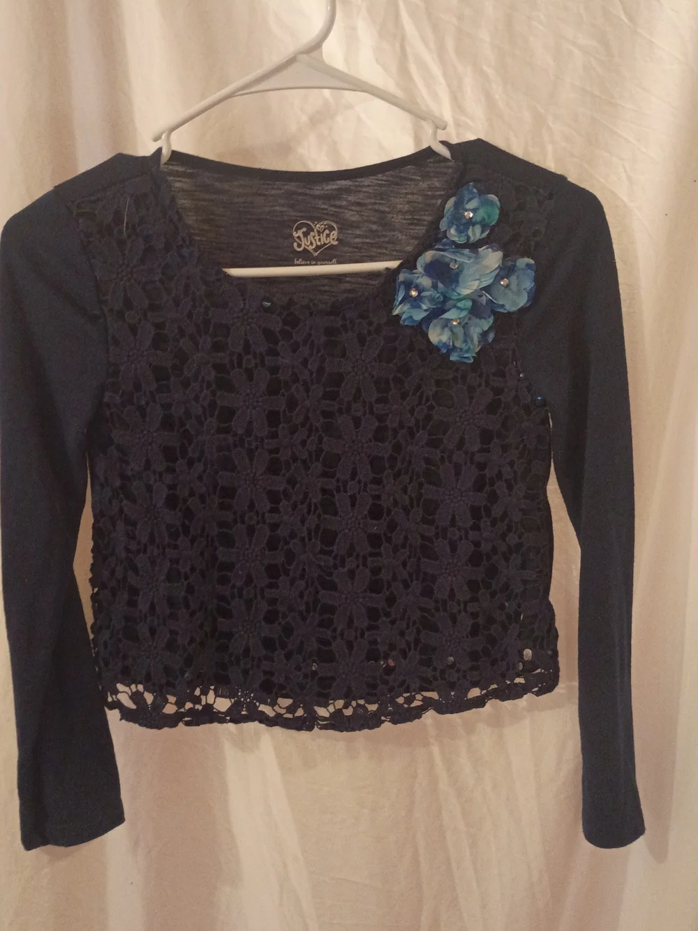Justice Navy Long Sleeve Crochet Top with Blue Floral Applique